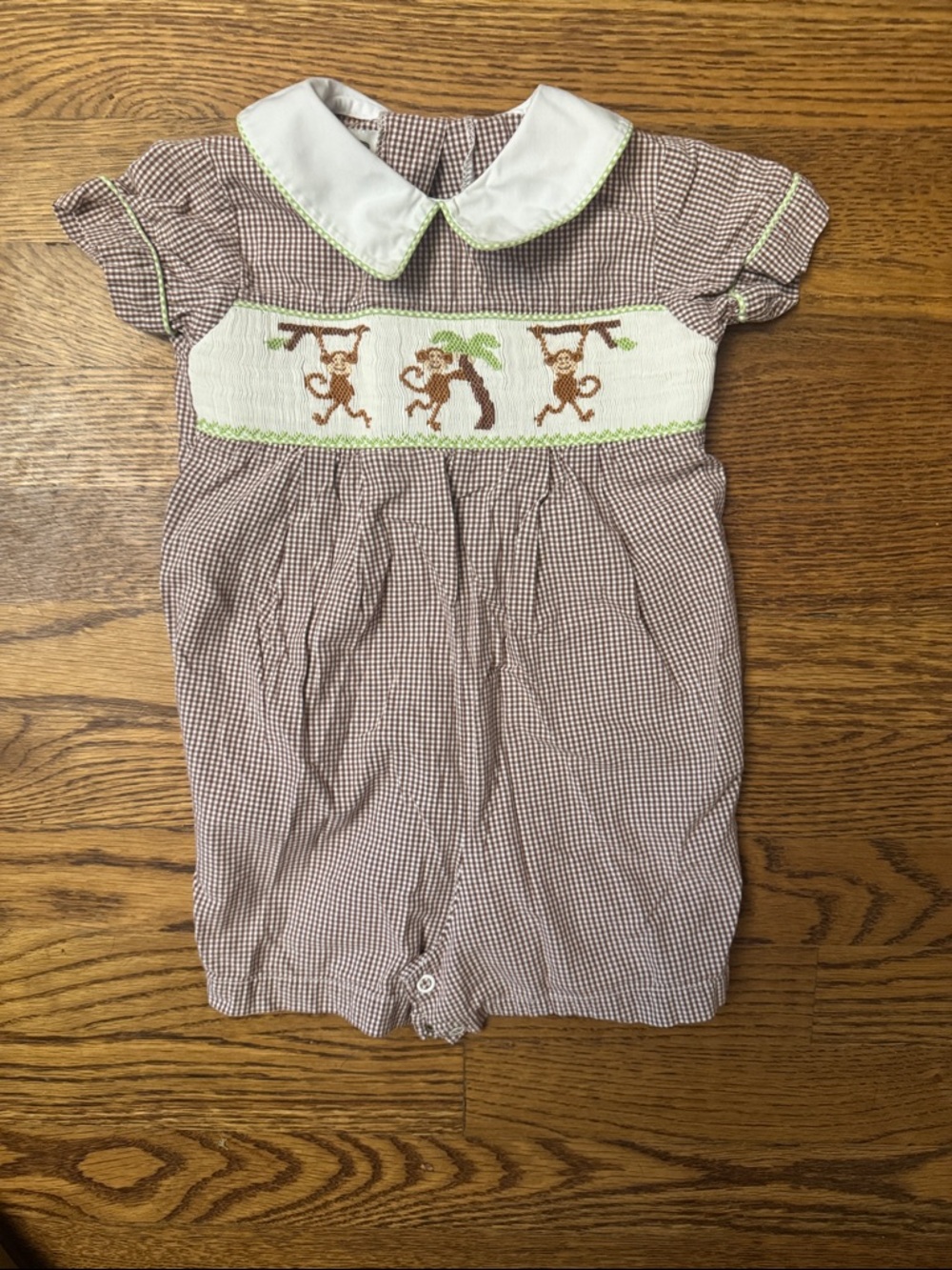 Zucchini Kids Smocked Monkey Gingham Baby One-Piece Bodysuit size 12M